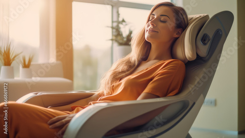 Woman relaxing on electric massage chair in living room.