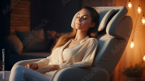 Woman relaxing on electric massage chair in living room.generative ai