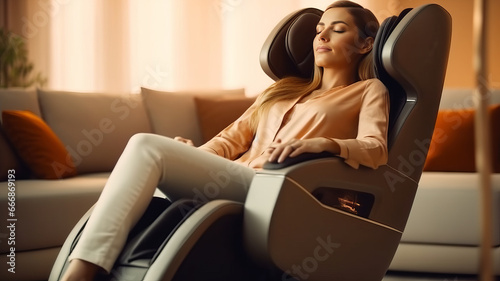 Woman relaxing on electric massage chair in living room.generative ai photo