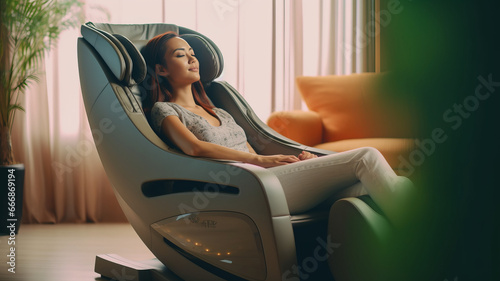 Woman relaxing on electric massage chair in living room.generative ai