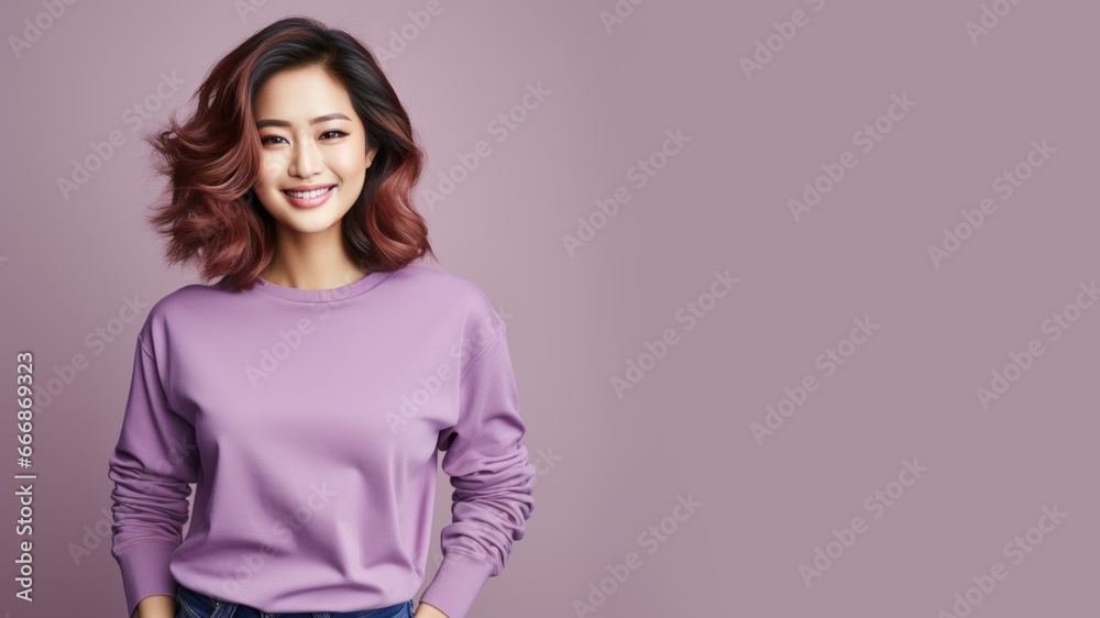 Obraz premium An Asian woman wearing purple sweatshirt isolated on pastel background
