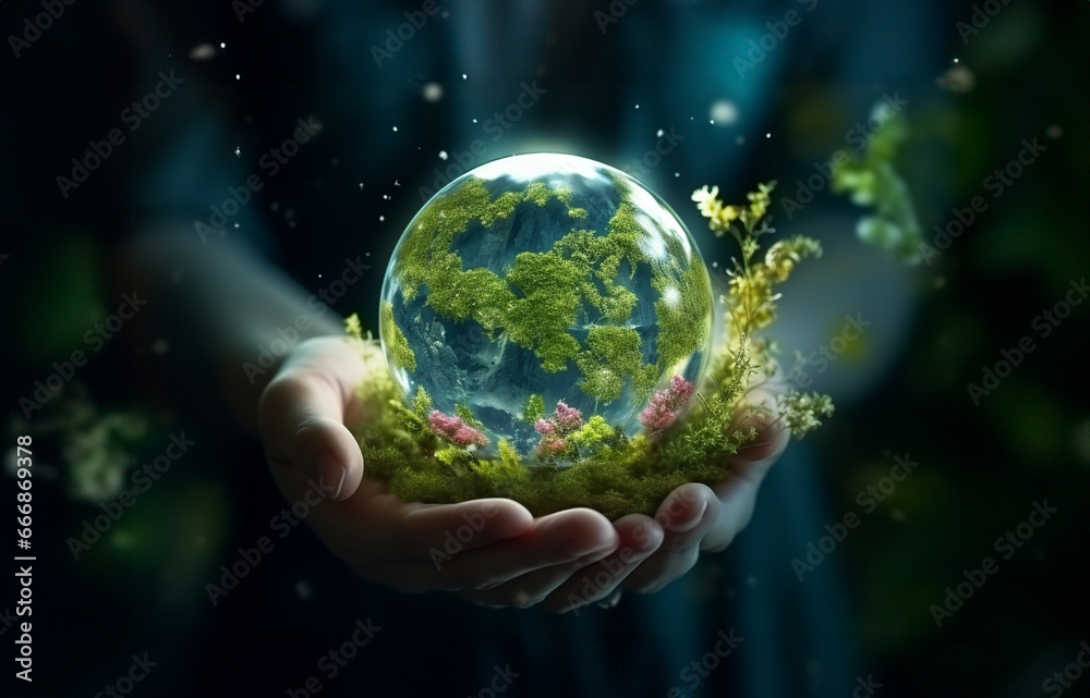 Hands holding earth crystal glass globe ball encircled by verdant forest flora. Environment protection, Eco friendly environment, save a clean planet concept. Generative AI. Hands holding earth crystal glass globe ball encircled by verdant forest flora. Environment protection, Eco friendly environment, save a clean planet concept. Generative AI.