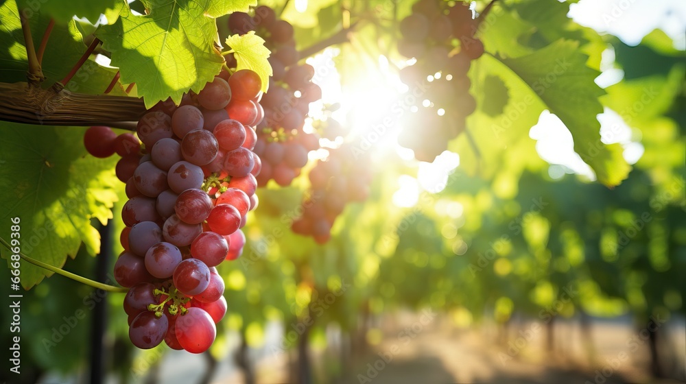 Fototapeta premium Blue bunches of grapes in the sunshine. Harvest time