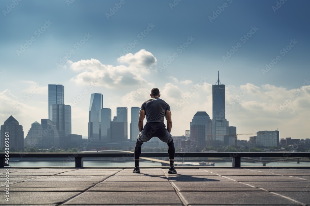 Man stretching after run, city skyline Man stretching after run, city skyline