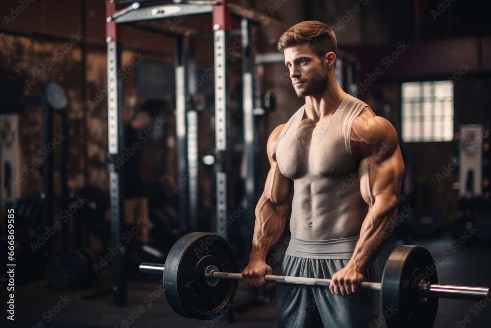 Muscular fitness enthusiast lifting weights at gym