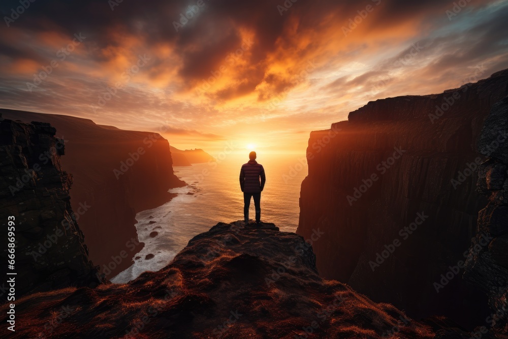 Silhouette of a person standing at the edge of a cliff, watching the sunrise.