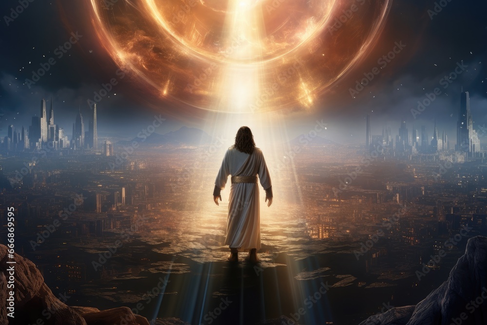 Second Coming of Jesus, futuristic graphic concept. - obrazy, fototapety, plakaty 