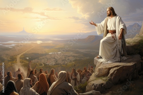 Jesus' Sermon on the Mount, panoramic illustration. photo