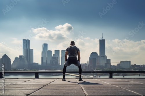 Man stretching after run, city skyline © furyon