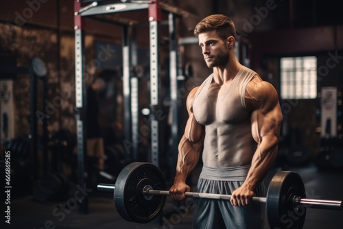 Muscular fitness enthusiast lifting weights at gym