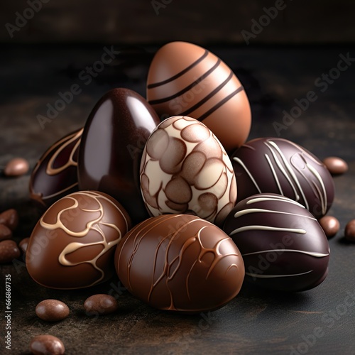 a group of chocolate easter eggs on a brown surface