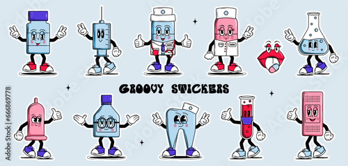 Stickers set of Medical characters doctor, nurse, syringe, bottle and other in groovy style. For design of medical premises, children's medical books, covers, booklets, leaflets, web, app. Vector
