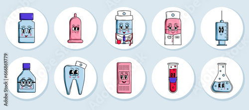 Stickers set of Medical characters doctor, nurse, syringe, bottle and other in groovy style. For design of medical premises, children's medical books, covers, booklets, leaflets, web, app. Vector