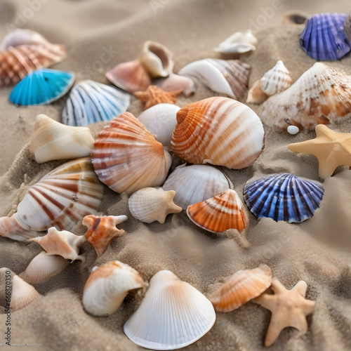 Vibrant seashells on a sandy beach.