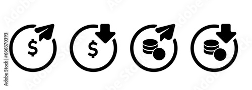 send receive transfer money icon coin dollar sign black flat paper plane arrow down