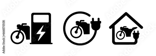 Motorbike motorcycle charging station in home battery socket icon set illustration electric vehicle motor