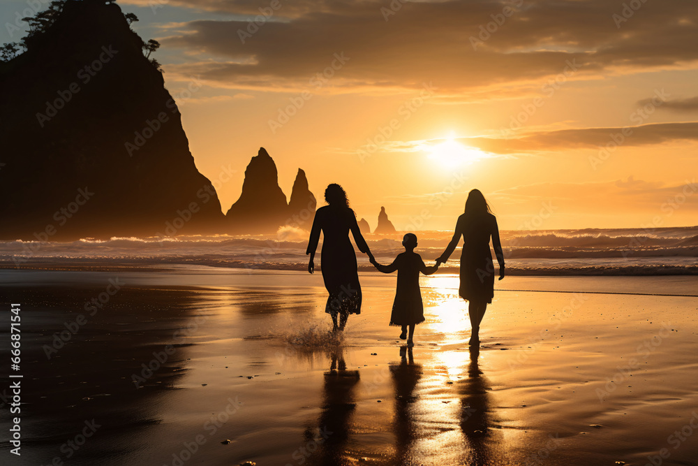 Embracing Sunset Serenity  Joyful Trio’s Beachside Stroll on the Mystical Black Sands at Dusk
