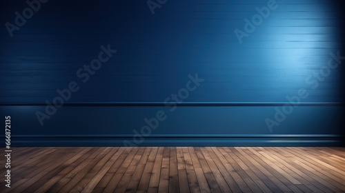 Dark blue wall and wooden floor in an empty room © Gethuk_Studio