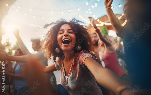 Vibrant millennial dance party with joy and excitement at a lively music festival, 