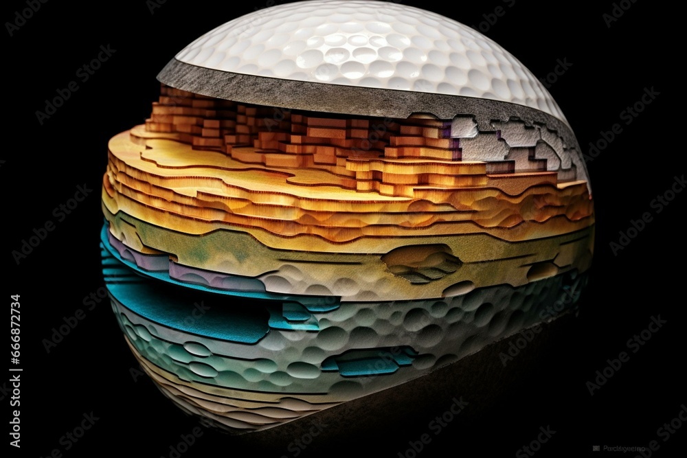 Illustration of golf ball layers shown in crosssection with clear