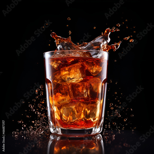 Pour soft drink in glass with ice splash on dark background