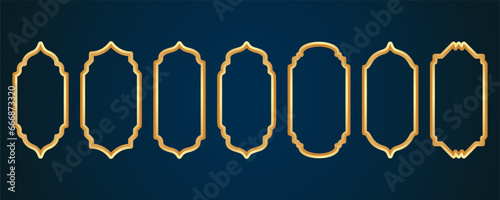 Golden Ramadan frame. Islamic window shapes with ornament. Muslim vector vintage border. Indian decoration for banner in oriental style.