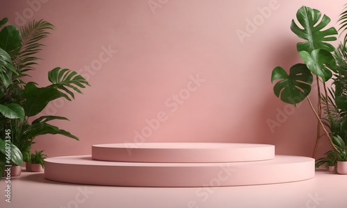 Podium in abstract soft pink room composition for product presentation with tree jungle