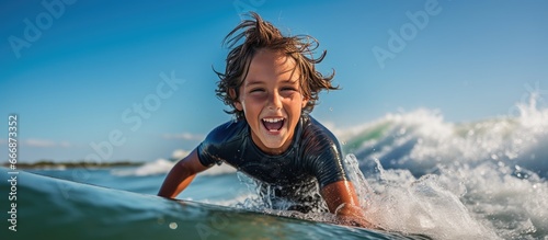 Summer vacation with children includes active family lifestyle kids learning water sports and swimming in a surfing camp With copyspace for text © AkuAku