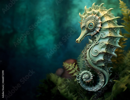Fantasy Seahorse in Cool Greens with Copy Space for Text - Generative AI