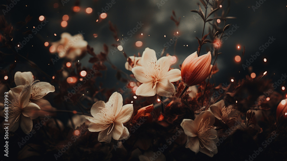 Romantic and Moody Flower Background with Twinkle Lights and Grunge Effect - Muted Pink Color Tones with Fall Florals and Cinematic Styled Grading - Vintage Floral Background or Wallpaper - Valentines - obrazy, fototapety, plakaty 