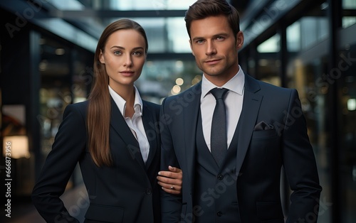 Portrait closeup of two businessmen and businesswomen partners dressed in formal suit standing outside job center during working meeting