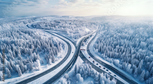Curved windy road in snow covered forest, top to bottom, aerial view, generative ai © ketkata