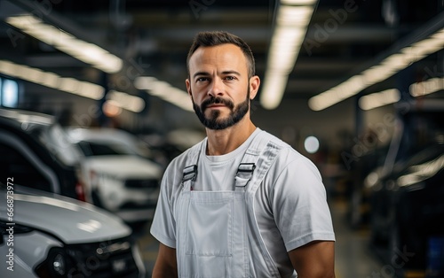 man examining car engine. Auto mechanic working in garage.Car Mechanic Detailed Vehicle Inspection. Auto Service Center Theme © Kowit