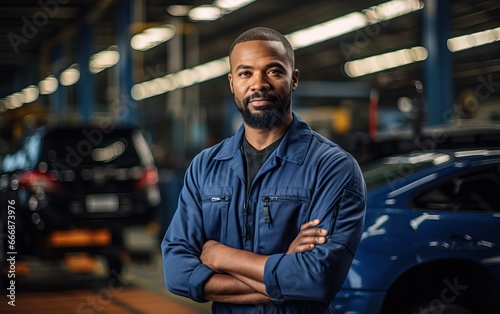 man examining car engine. Auto mechanic working in garage.Car Mechanic Detailed Vehicle Inspection. Auto Service Center Theme