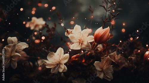 Romantic and Moody Flower Background with Twinkle Lights and Grunge Effect - Muted Pink Color Tones with Fall Florals and Cinematic Styled Grading - Vintage Floral Background or Wallpaper - Valentines photo
