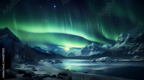 the Northern Lights against a backdrop of a snow-covered landscape