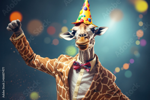 Fashionable giraffe in a party mood Bubble gum, a party hat, and a cool suit in a modern art collage. AI Generative creativity at its wildest!