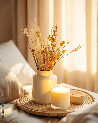 Flowers in vase and burning candles in living room, cosy winter interior home decor, calm and relax aromatherapy, mock up arrangement 