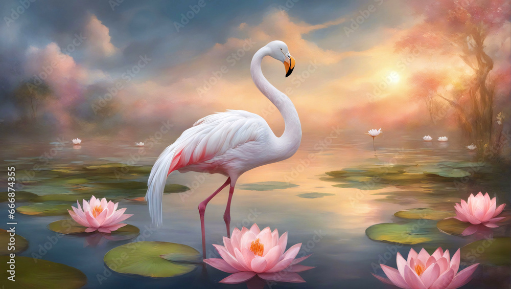 Fototapeta premium A white flamingo standing in the lake.