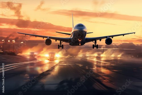 Evening departure Airbus A380 in motion as it embarks on a scenic journey during sunset. AI Generative adventure.