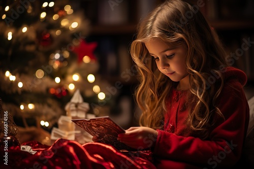 little girl sitting in a red dress and looking at a christmas tree