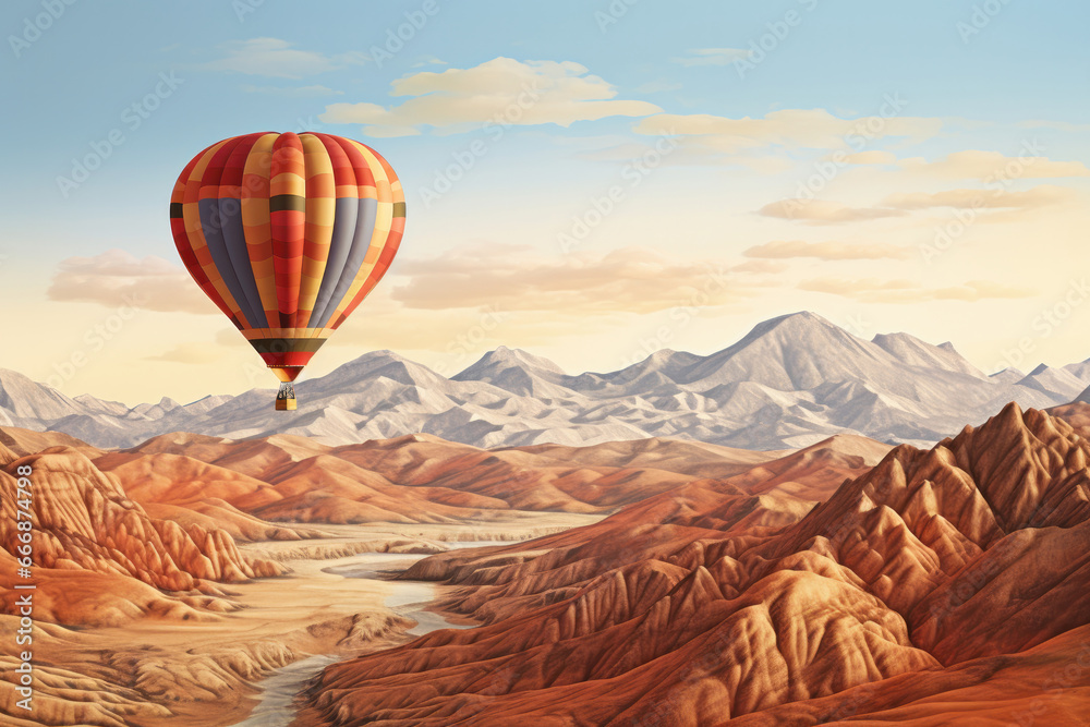 Naklejka premium A hot air balloon soars over a mountain range at dawn, offering a breathtaking view of the beautiful landscape. AI Generative.
