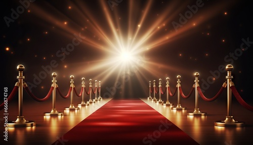 Realistic red carpet and pedestal with illumination and barrier fences with velvet rope © Nob