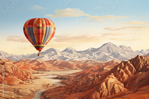 A hot air balloon soars over a mountain range at dawn, offering a breathtaking view of the beautiful landscape. AI Generative.