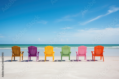 Colorful chairs lined up on a sandy beach  creating a vibrant and inviting spot for relaxation during your summer getaway. AI Generative.