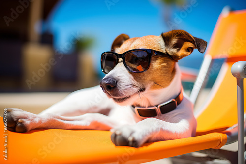A carefree canine in shades, basking in the summer heat on a deck chair. This dog knows how to vacation in style – it's AI Generative relaxation. © Alisa