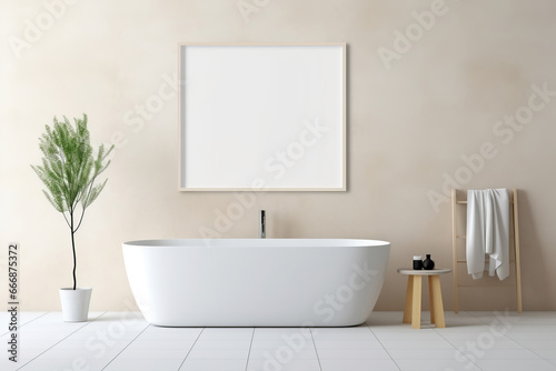 A modern, white bathtub in a beautifully designed bathroom, adorned with lush plants. This contemporary interior design is AI Generative.
