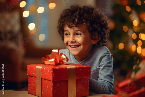 child opening a gift box and smiling with joy