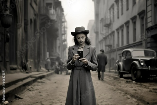 Forbidden concept woman from the past using technology