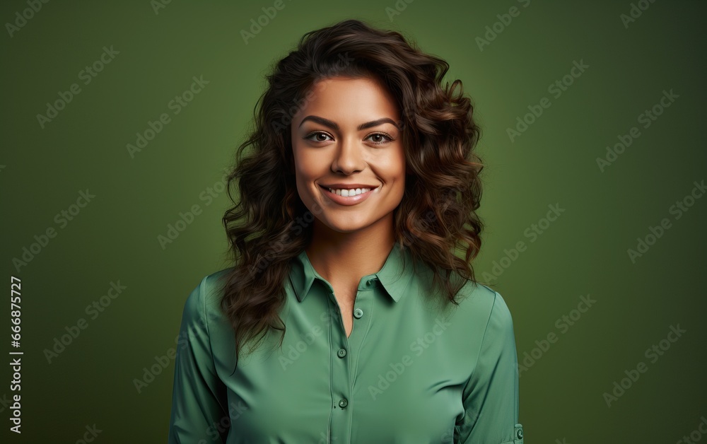 Portrait of businesswoman with enthusiastic face expression, smiling, looking confident, standing in suit over green background Portrait of businesswoman with enthusiastic face expression, smiling, looking confident, standing in suit over green background